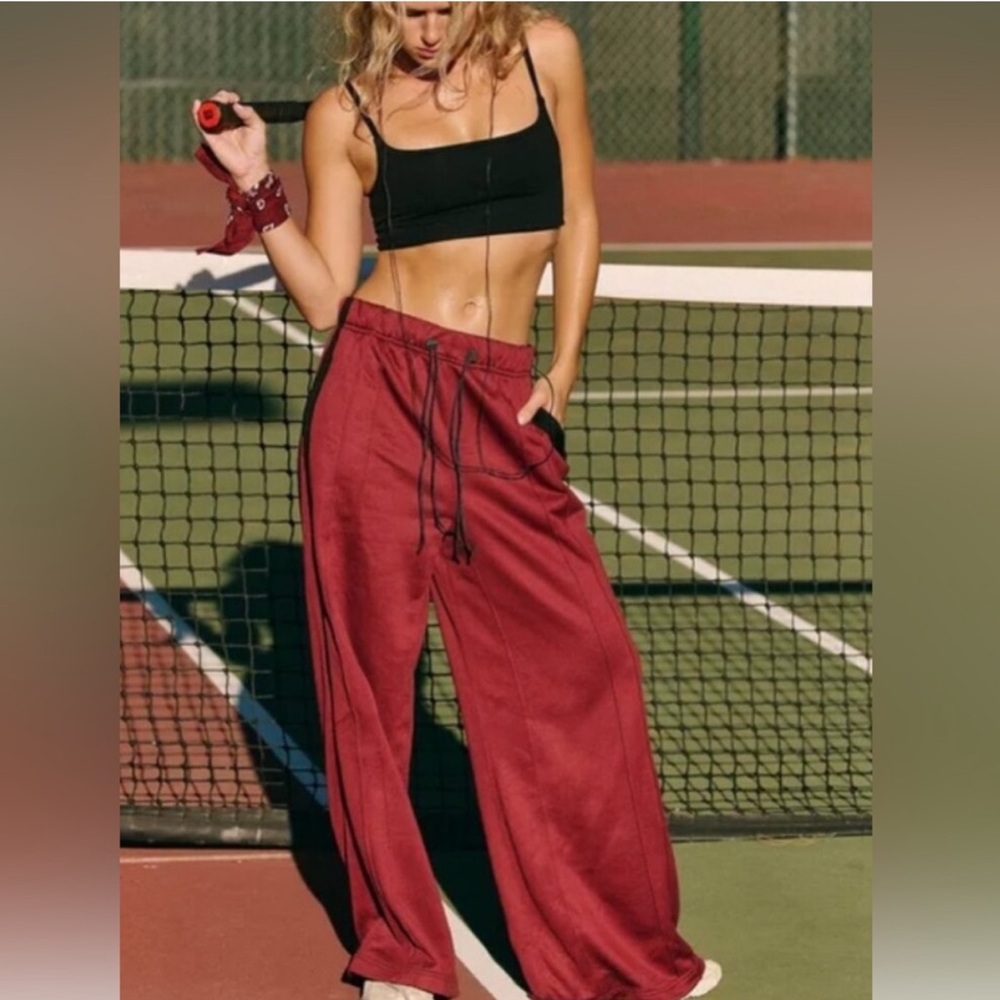 FP Movement by Free People Wide Leg Track Pants in Wine Red